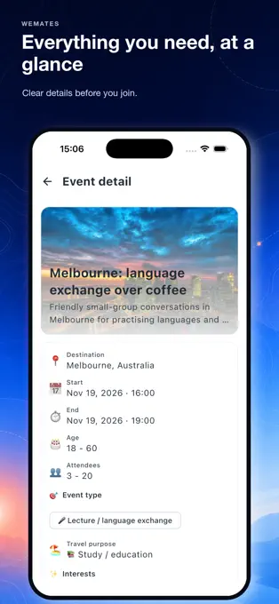 WeMates app event overview screen